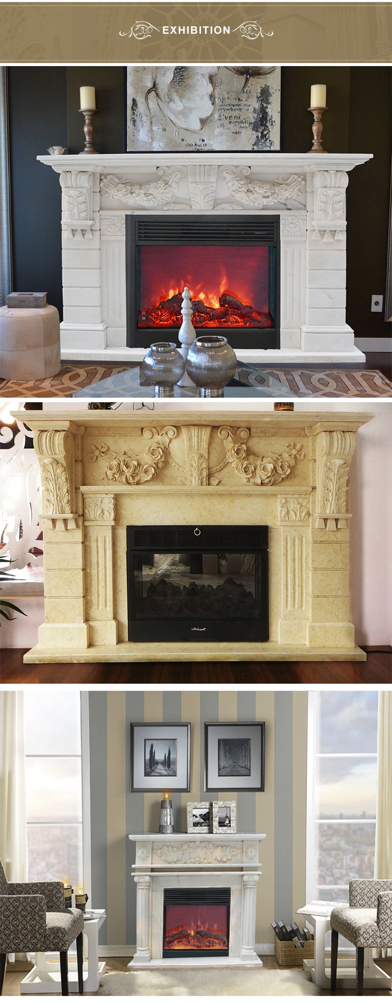 Stone Electric Fireplace Mantel with Marble Granite Limestone Sandstone