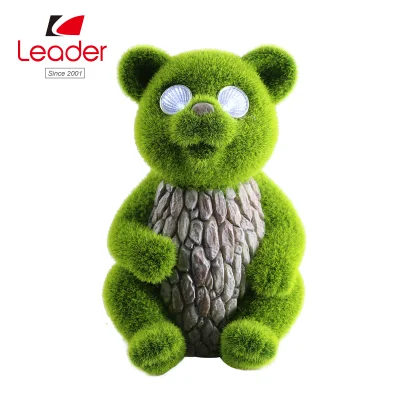 Factory Wholesale Solar Bear Statue with LED Eyes, Flocked Grass Bear Figurine with Solar Lights