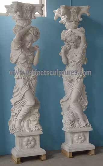 Home Architectural Decorative Carved Stone Woman Sculpture Column Marble Carving Lady Statue Pillars for Garden Decoration (QCM111)