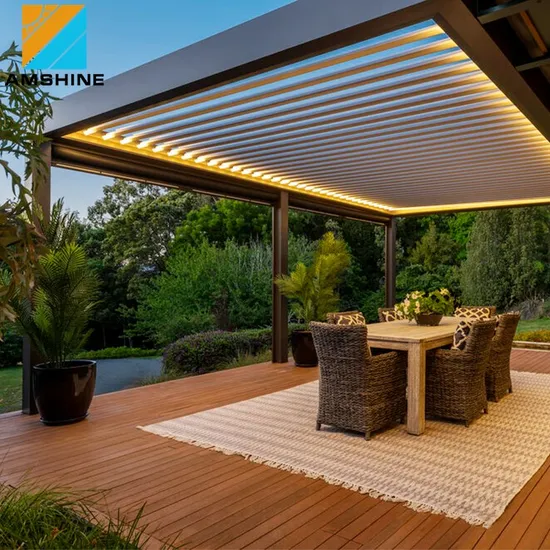 Motorized Waterproof Terrace Louvre Roof Aluminum Louvered Pergola Pavilion with LED Strip Lights 